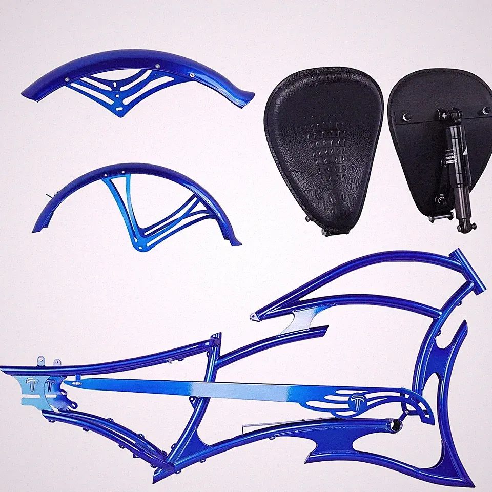 26" Stretch Cruiser Bicycle DIY Custom Frame Lowrider Bike 7 Speed Raptor Blue
