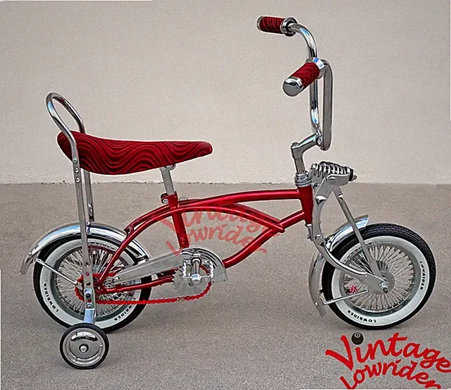 LOWRIDER COLLECTION 12" CHROME/RED BENT BICYCLE W/72 SPOKE RIMS & LOWRIDER TIRES