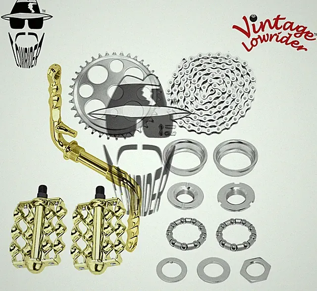 Vtg LOWRIDER - Twisted CRANK PKG - Lucky 7 Double Flat Twisted Pedal Gold/Chrome